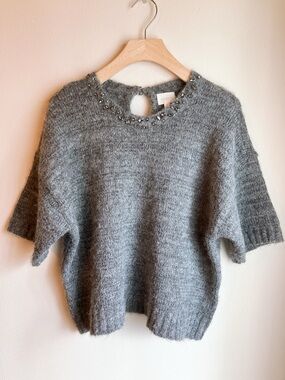 Cyrus Gray Beaded Crew Neck Short-Sleeve Sweater Spring Medium Preppy